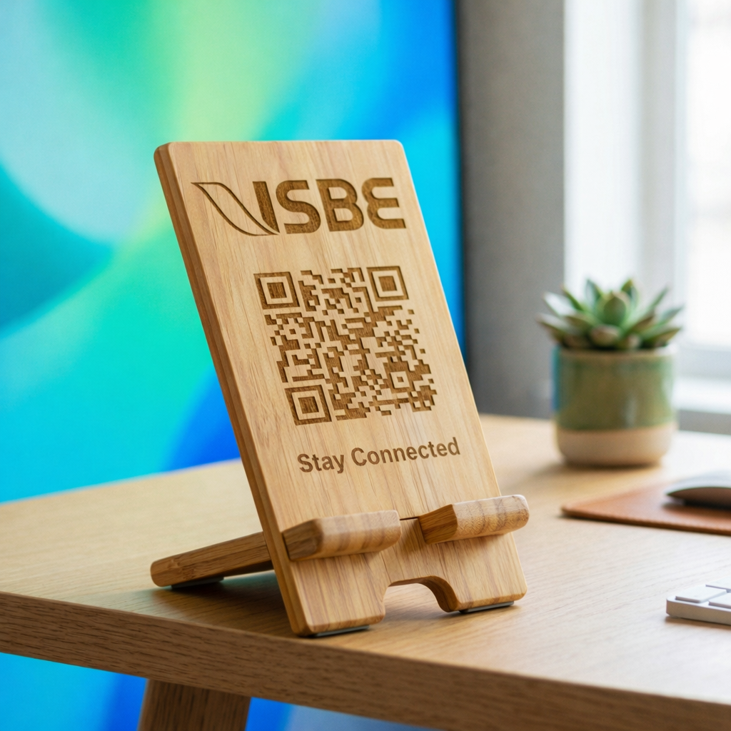 Kleinserie Bambus-Handyhalter mit lasergraviertem Logo und QR-Code – individuelle Lasergravur nach Corporate-Design-Vorgaben