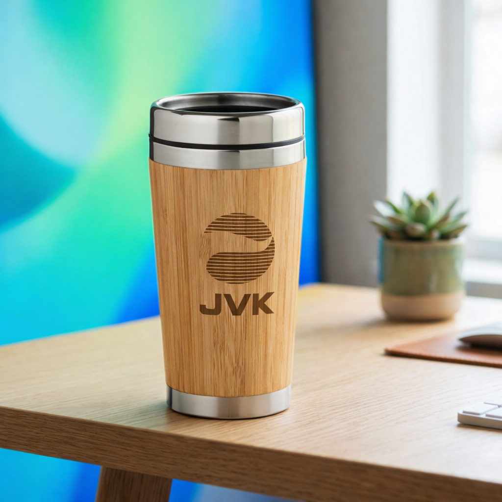 Lasergravierter Thermobecher mit individuellem Kundenlogo und Slogan – Lasergravur nach Corporate-Design-Vorgaben