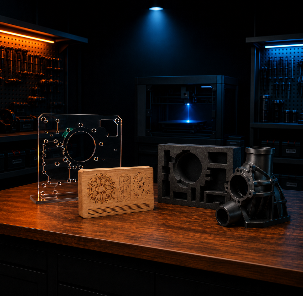 Produktübersicht auf Werkbank: lasergeschnittene Acrylplatte, graviertes Holzschild und 3D-gedruckte Funktionsbauteile von Viellieber Laser & Print
